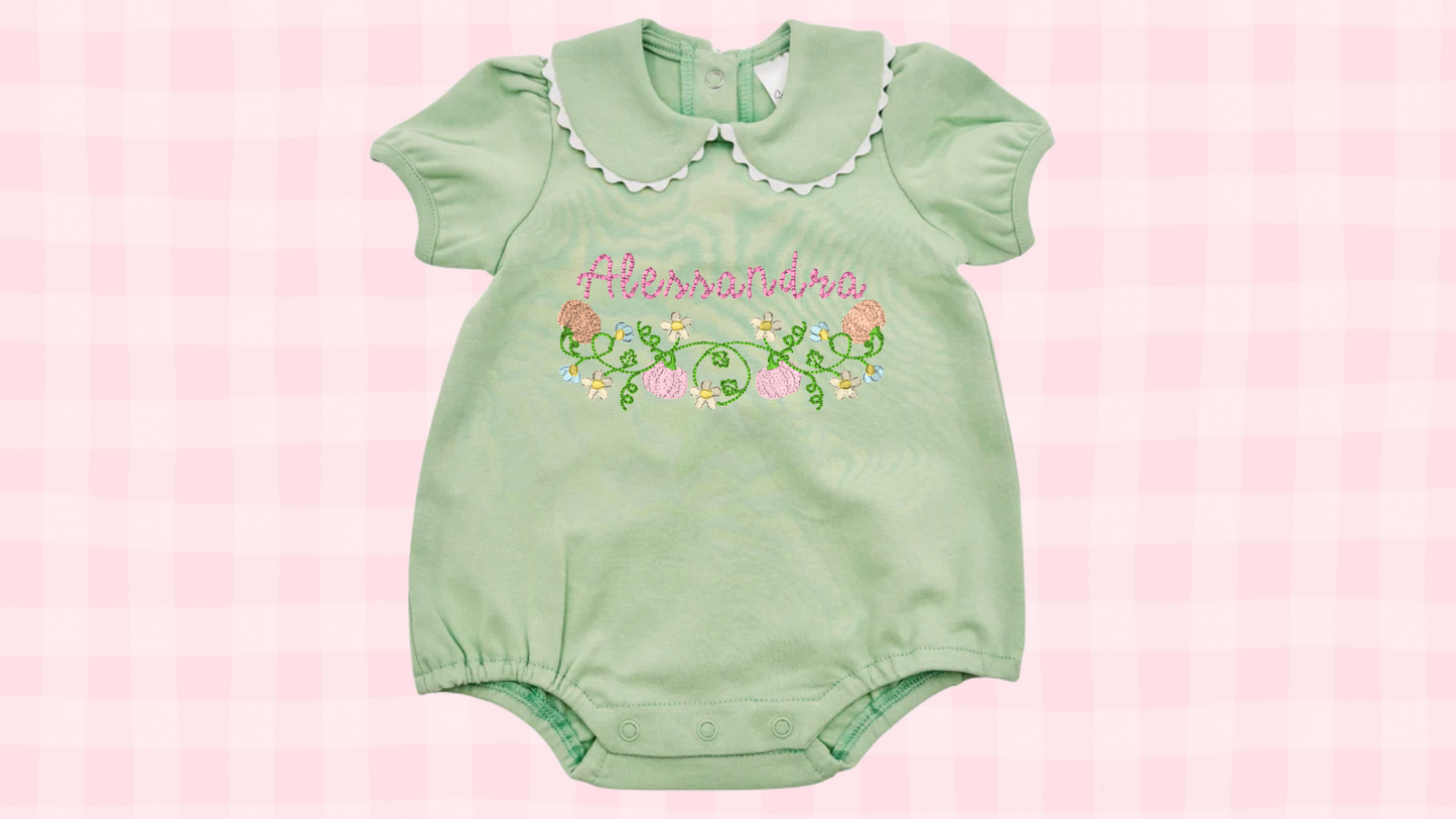 Floral fall pumpkin Name Stitch Collared Bubble Onesie