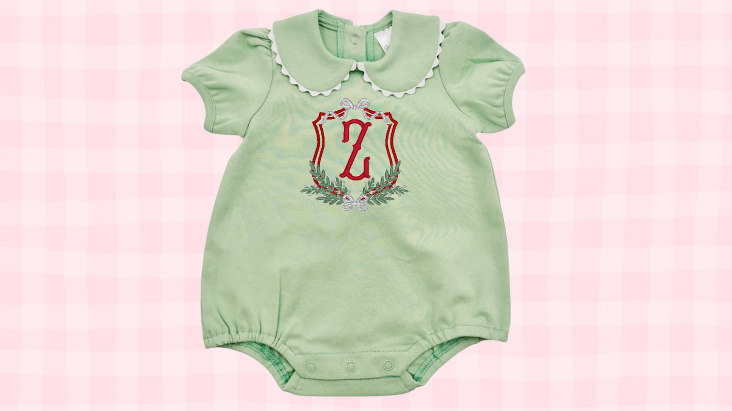 Christmas Monogram Crest Collared Ricrac Bubble Onesie