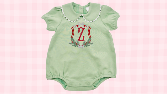 Christmas Monogram Crest Collared Ricrac Bubble Onesie