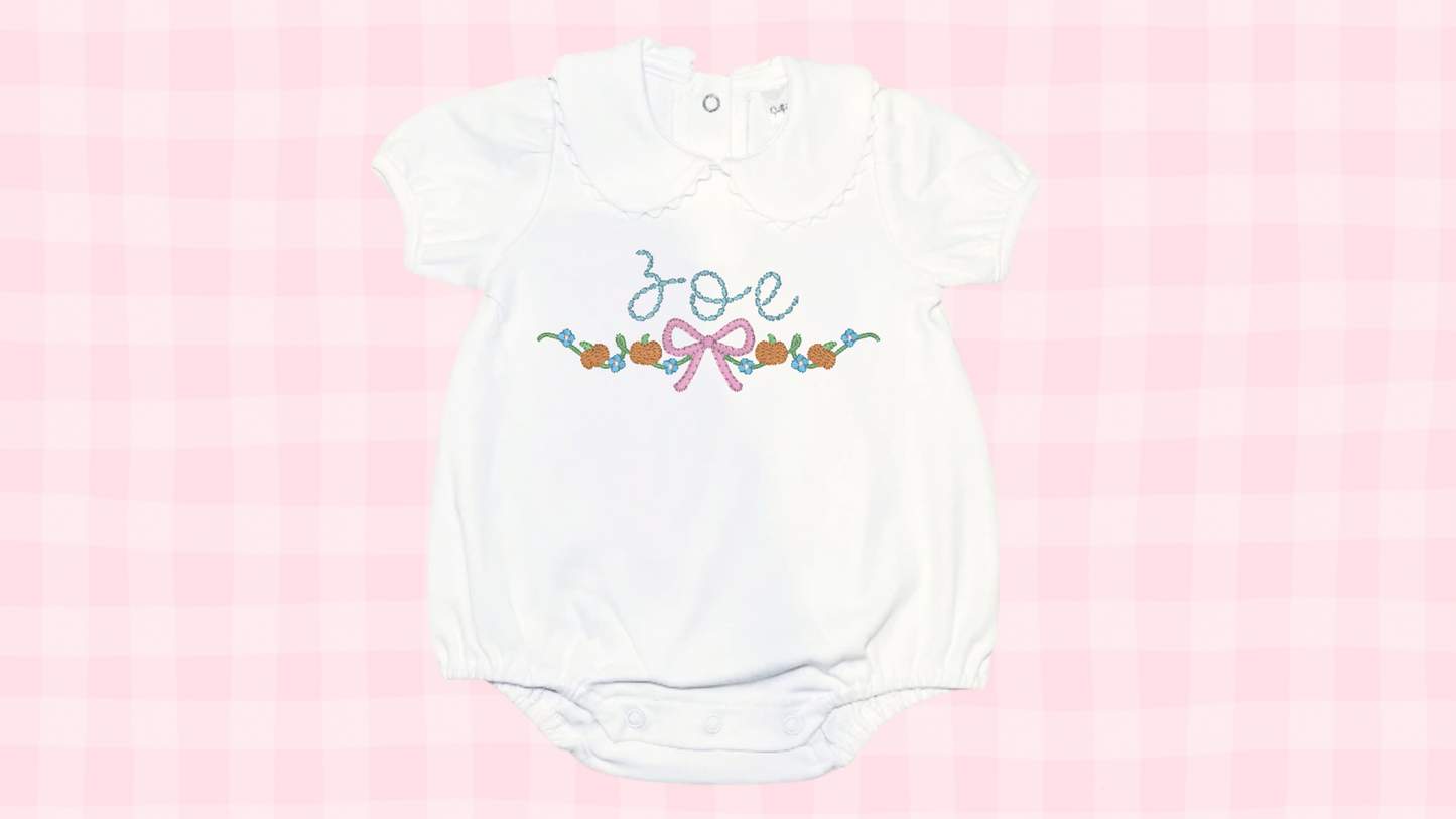 Grand Millennial Fall Pumkin Vine Bow Name Stitch Collared Bubble Onesie