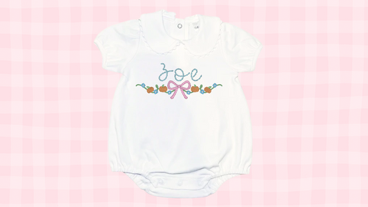Grand Millennial Fall Pumkin Vine Bow Name Stitch Collared Bubble Onesie